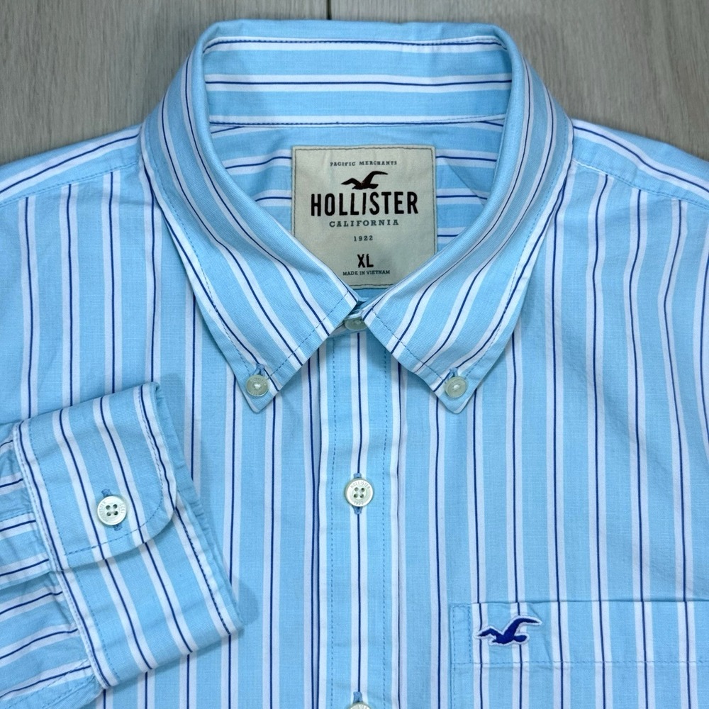 VTG Y2K 2003 Hollister Mens XL Blue White Stripe Button Down Shirt Long Sleeve